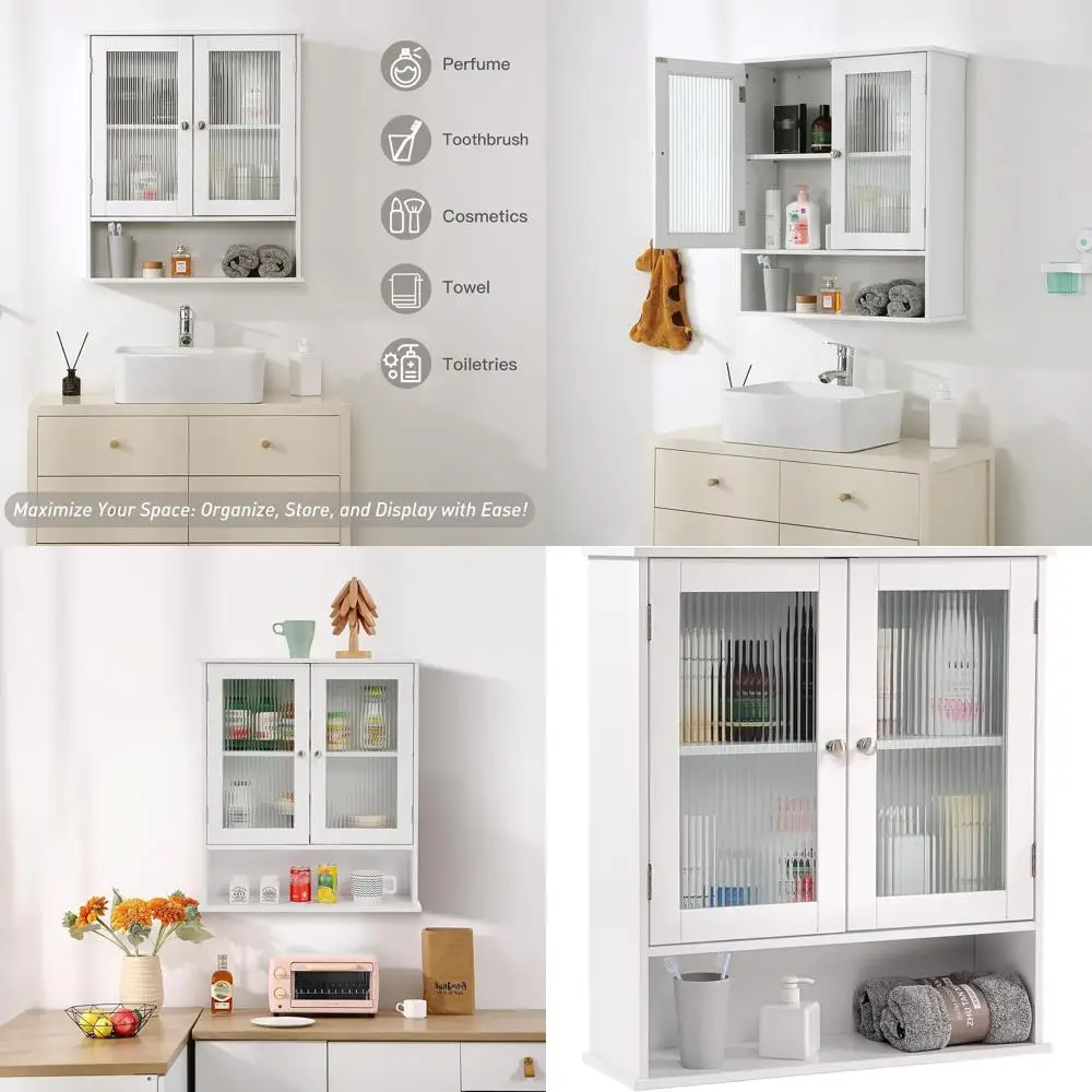 

Glass Door Wall Cabinet with Adjustable Shelves, Over Toilet Storage for Bathroom, Living Room, Kitchen, White