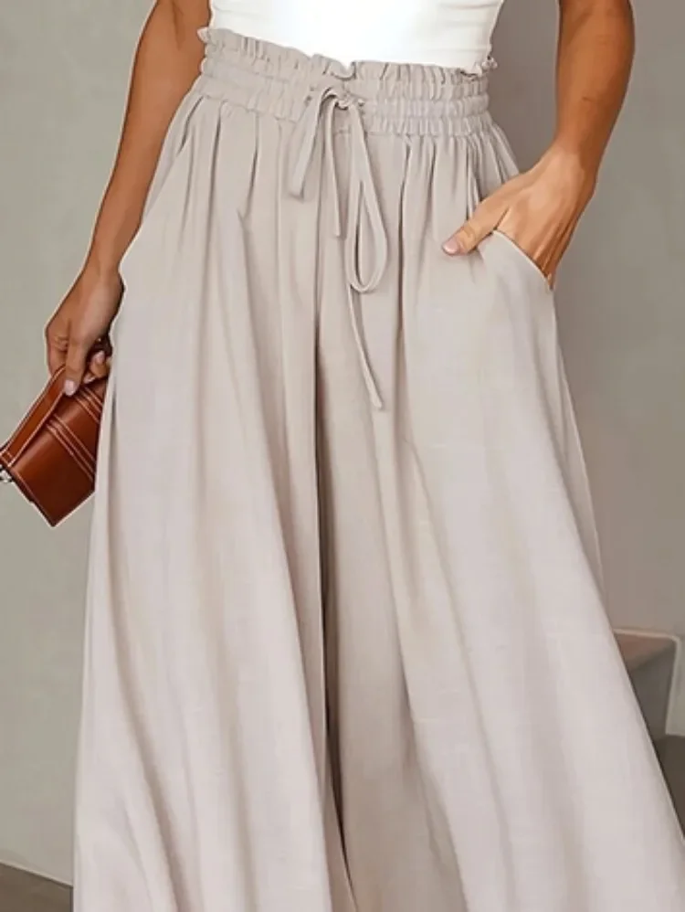 Lemongor Dames Hoge Taille Wijde Pijpen Trekkoord Broek Effen Kleur Losse Casual Broek Met Zakken 2023 Nieuwe Zomer Lente