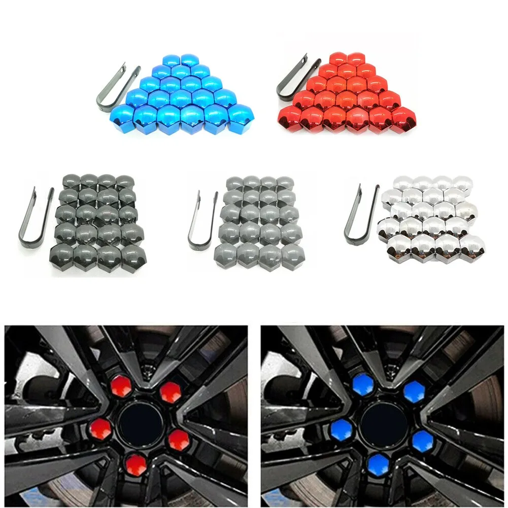 20pcs Car Wheel Nut Cap Protection Covers Anti-Rust Auto Tire Bolt Gray, Silver, Red 17mm Head Wheel Screws With Removing Clip