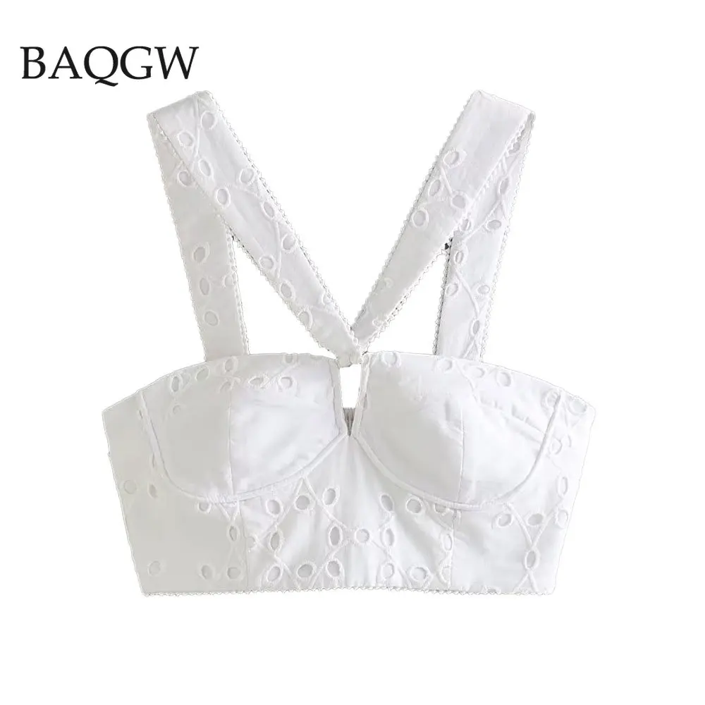 Women Fashion Embroidery Hollow Out Design Crop Bustier Tops Sexy Straight Neck Off Shoulder Wide Straps Female Camis Mujer