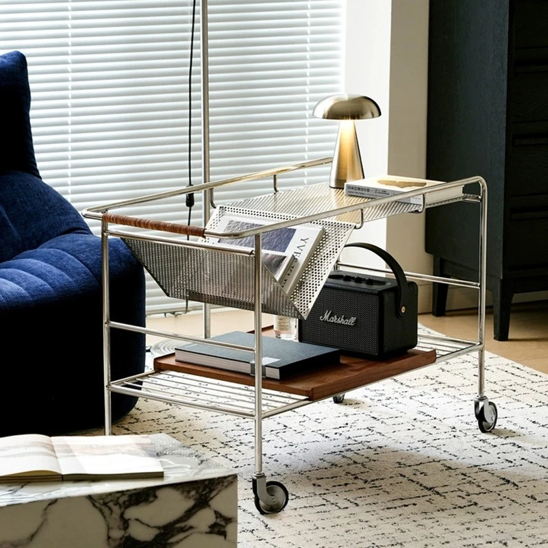 304 stainless steel wood multi-functional Nordic light luxury storage with wheels storage trolley