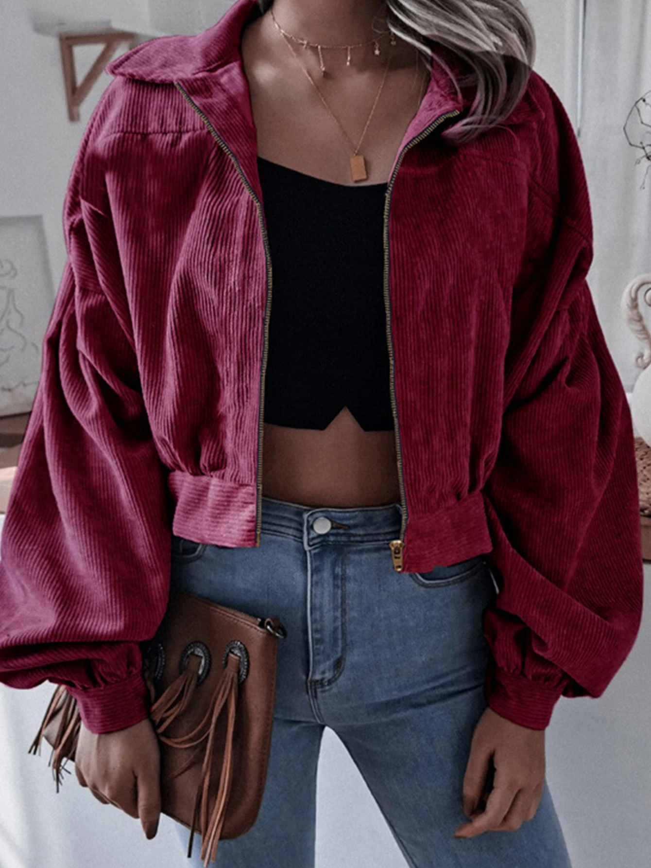 

Женская осенняя куртка, простая однотонная молния с длинными рукавами и лацканами, стандартный крой, повседневный базовый топ для повседневной носки