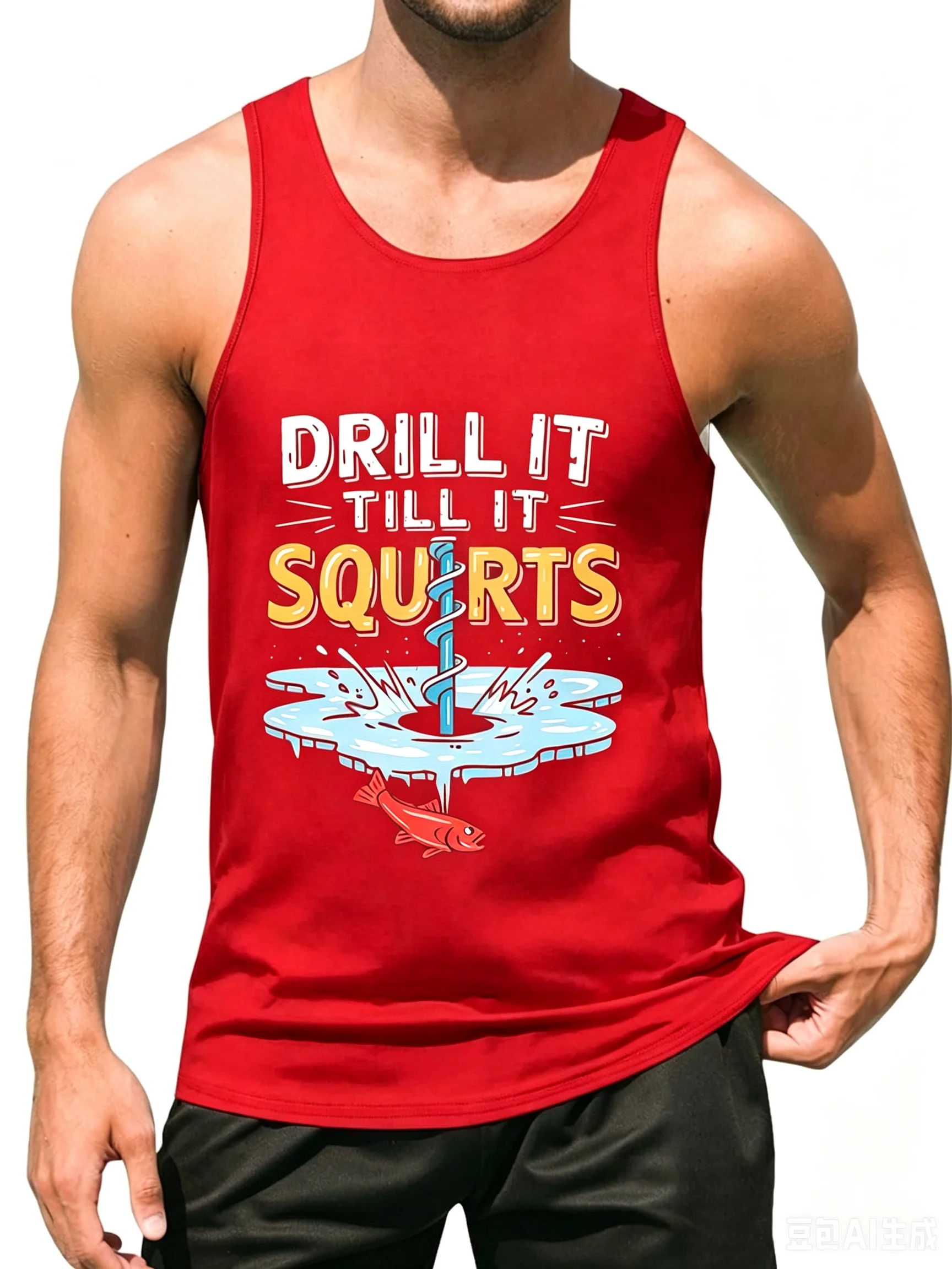 Men's Ice Fishing Graphic Tank Top, Drill It Till It Squirts Funny Sleeveless Summer Workout Gym
