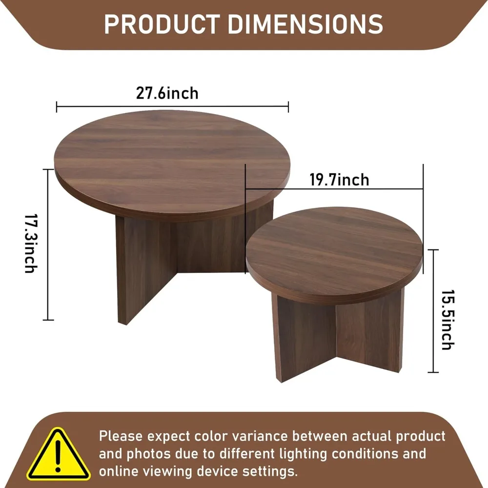 Nesting Coffee Tables Set of 2, Modern Stacking Table with Wood Grain Finish, End Table Side Tables for Living Room (Walnu