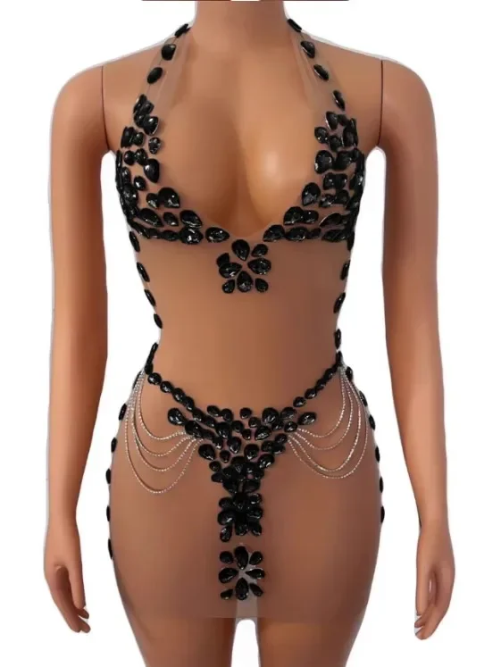 Vestido corto de terciopelo con espalda descubierta y cuello en V profundo, traje Sexy con cristales brillantes para fiesta de noche, celebración de cumpleaños, espectáculo de ropa de escenario