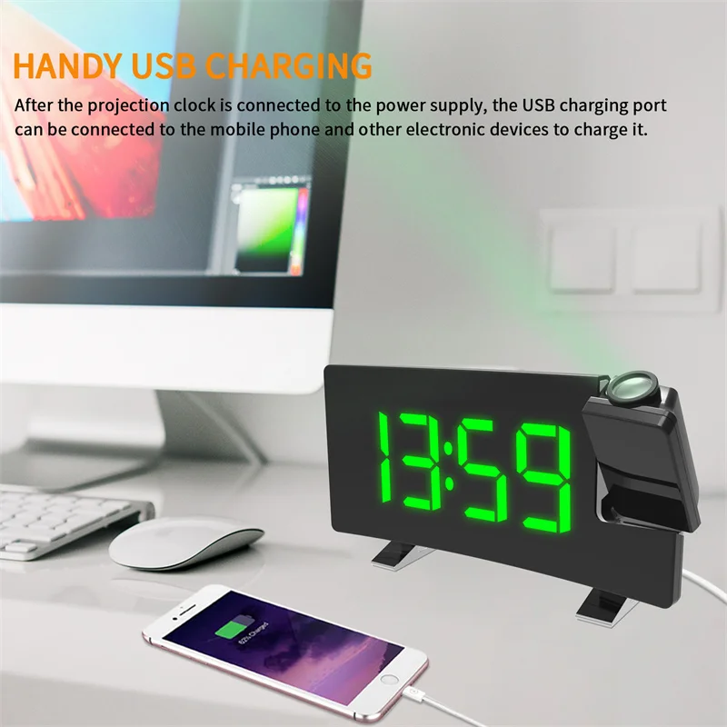 Projection Clocks FM Radio Curved-Screen Digital Alarm Clock LED Display with Dimmer USB Charging Bedrooms Clock Wall Home Decor