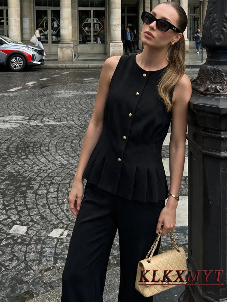 Women Fashion Leisure Solid 2 Pieces Sets Elegant Button Sleeveless Wrinkles Hem Top+Wide-Leg Pants Women Two Piece Set Outfit