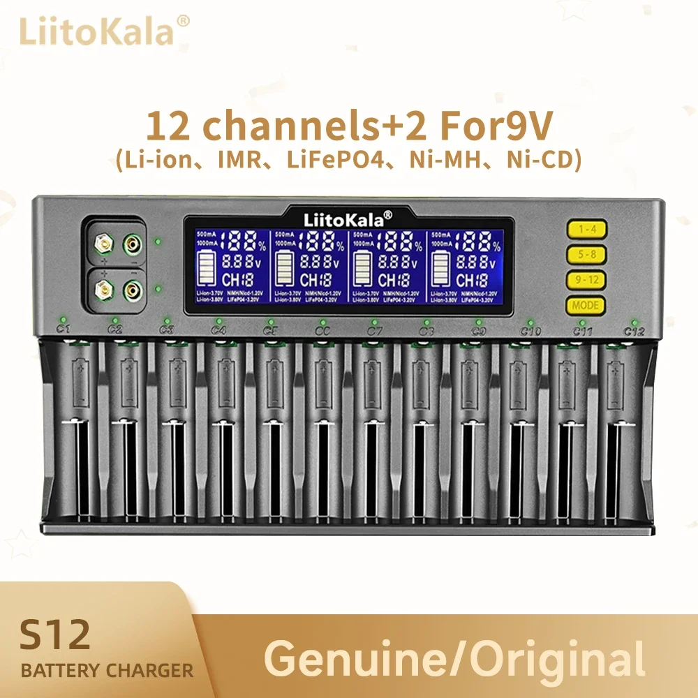 

LiitoKala Lii-S12 12-Slot LCD Battery Charger for Li-ion LiFePO4 Ni-MH Ni-Cd 9V 21700 20700 26650 18650 16340 18350 RCR123 18700