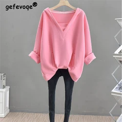 Women Trendy Simple Casual Oversized Streetwear Hooded Sweatshirts Autumn Solid Long Sleeve Pullover Tops Female Pockets Hoodies