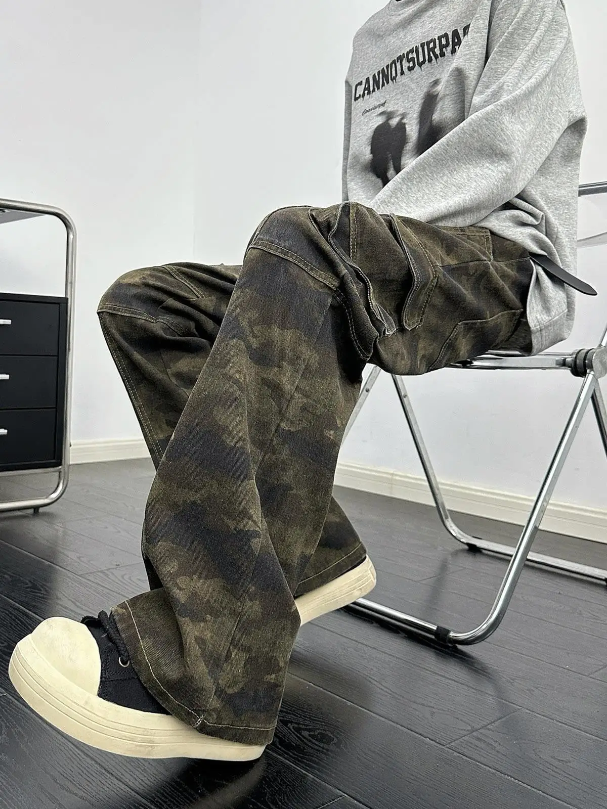 Camouflage Patchwork Denim Work Pants Men's High Street Loose Straight Leg Youth Trendy Logging Outfit Trousers Casual