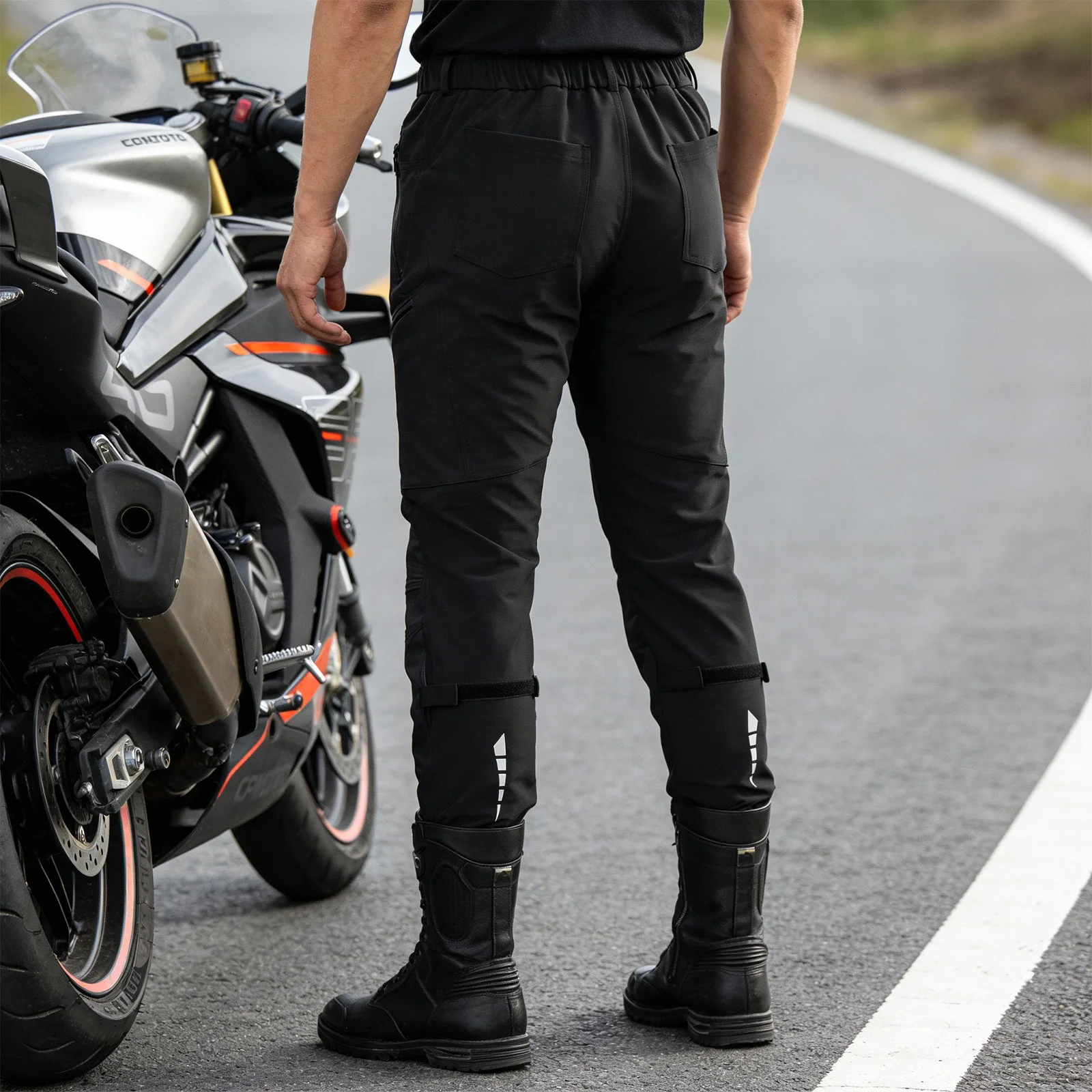 WOSAWE Motorcycle Riding Pants Men Knee Pads Water-Resistant Stretch Workwear YKK Zipper Pockets Reflective Calf Straps