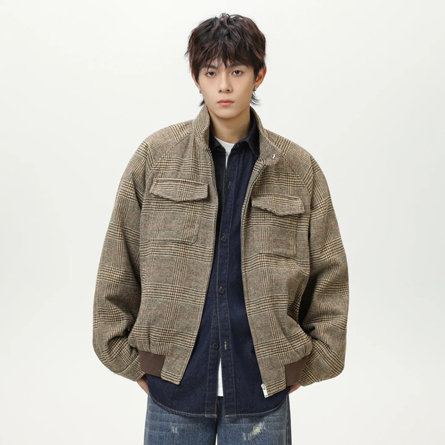 

Wassup Men's Casual Loose Fit Plaid Jaet Spring Autumn Collar Pocket Zipper Outerwear Faionable Polyester Blend Long Sleeve VK7P