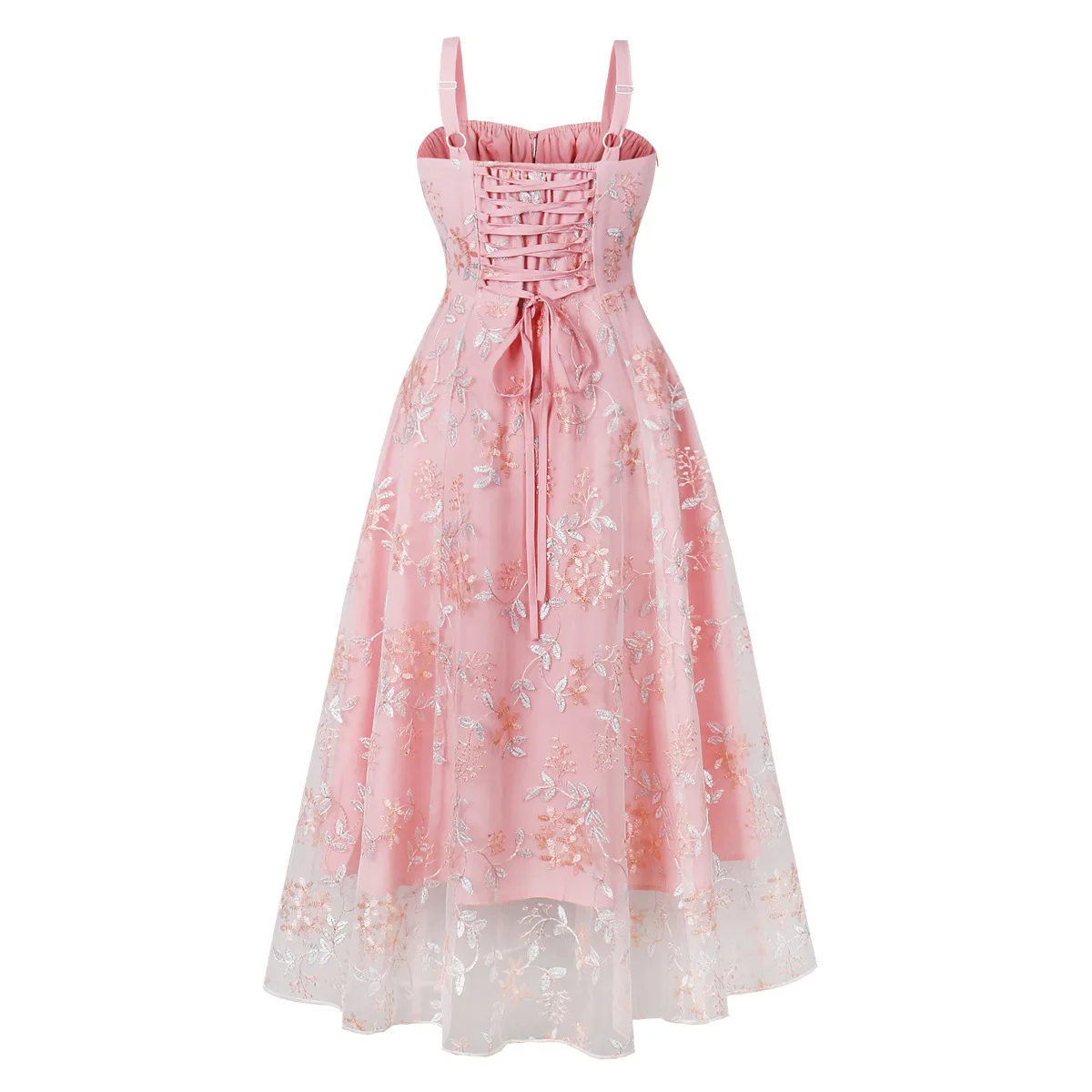 Women Vintage Corset Dress Floral Embroidery Cocktail Tea Party Cottage Core Dress Wedding Bustier Flowy Dress Spaghetti Strap