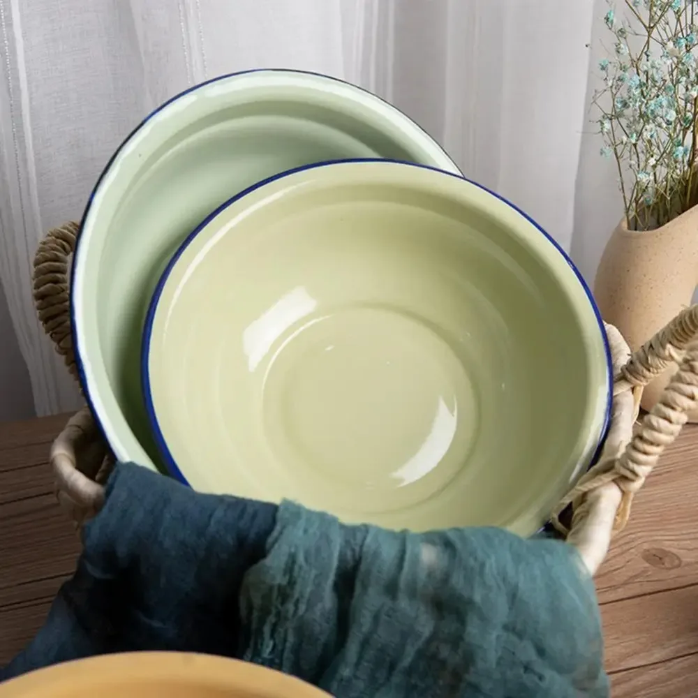 Tableware Enamel Salad Mixing Bowl Green/Yellow Fall-resistant Soup Bowl Vintage 16/18/20/22/24cm Soup Basin Restaurant