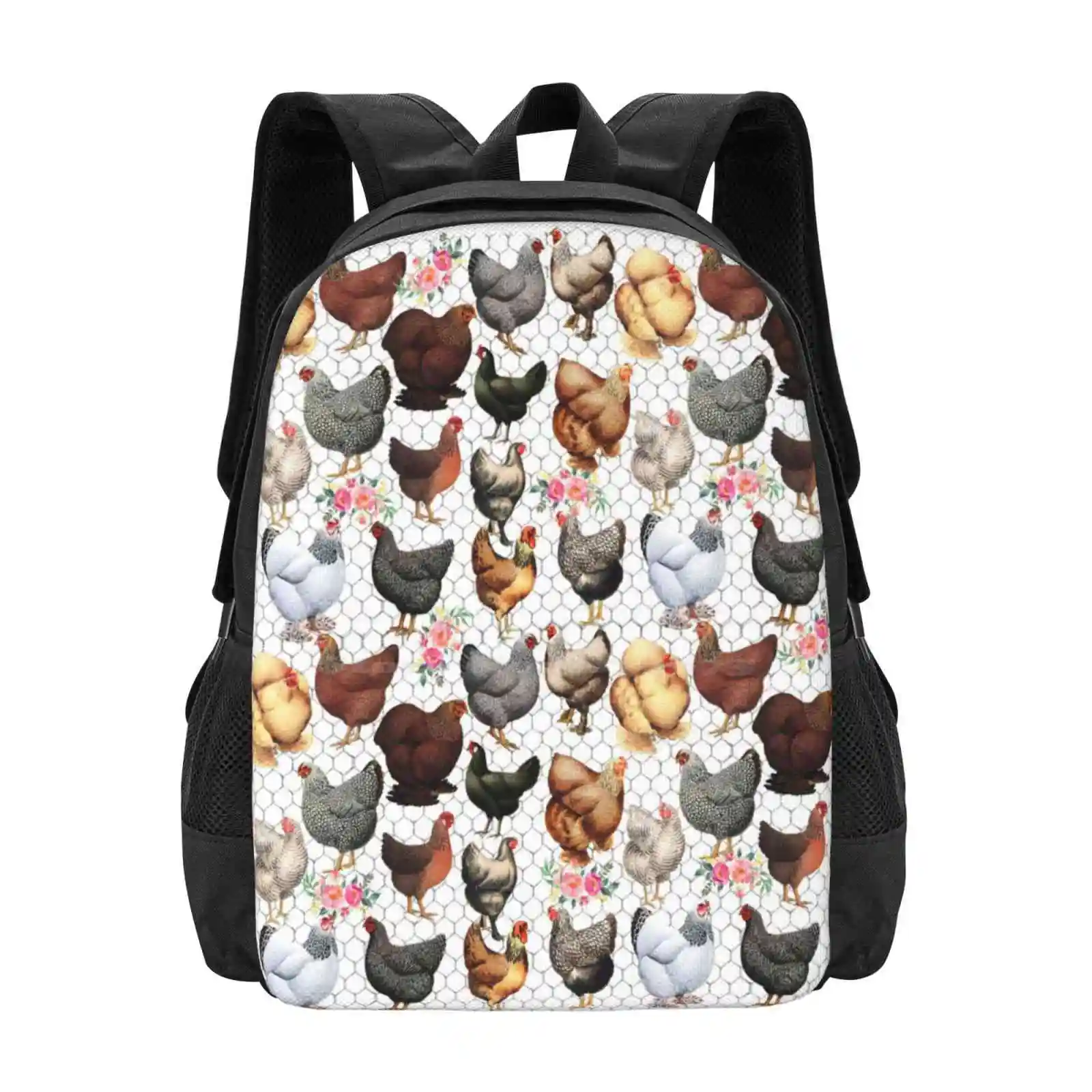 Chickens And Flowers! Hot Sale Schoolbag Backpack Fashion Bags Flowers Chicken Wire Hens Lots Of Chickens Chicken Pattern