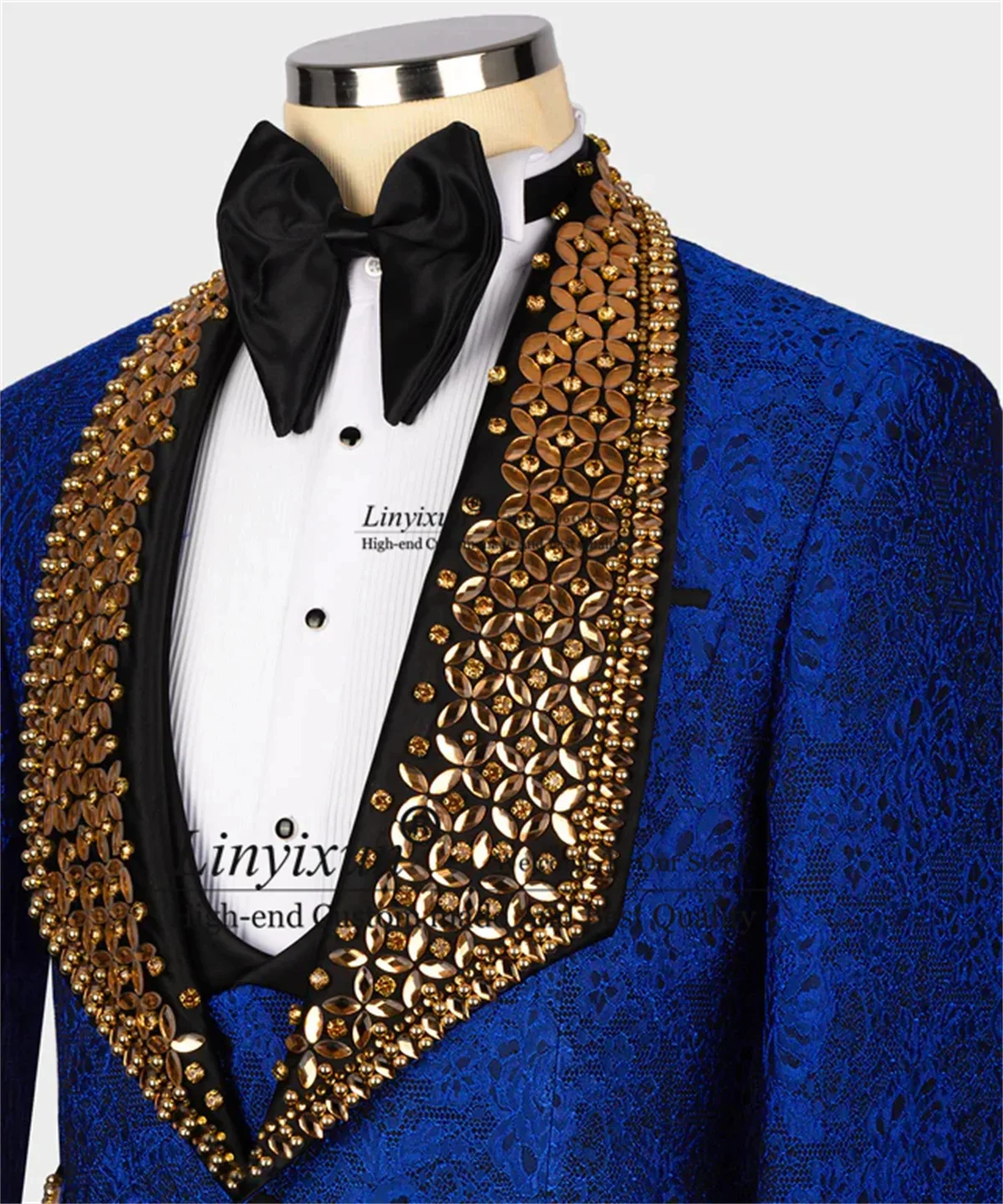 God Gem Stones Tuxedos Men Suits 3 Pieces Sets Groom Wedding Male Prom Blazer Luxury Crystal Slim Fit Blue Special Costume Homme