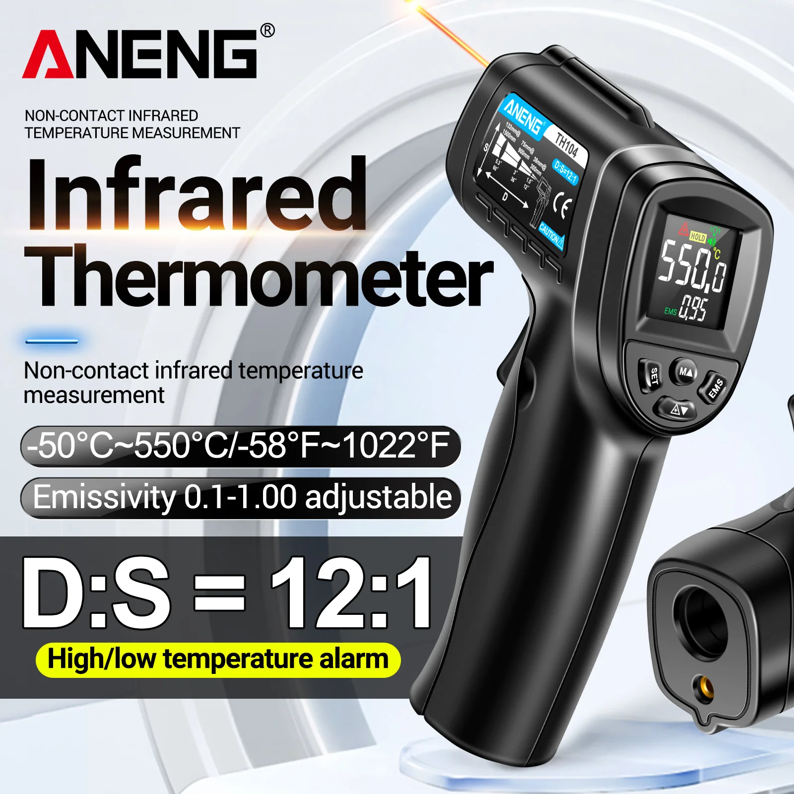ANENG TH204 Industrial Infrared Thermometer -50‑400℃ 12:1 D:S Laser Aiming Backlit Display Data‑Hold ℃/℉ Selectable Test Tool