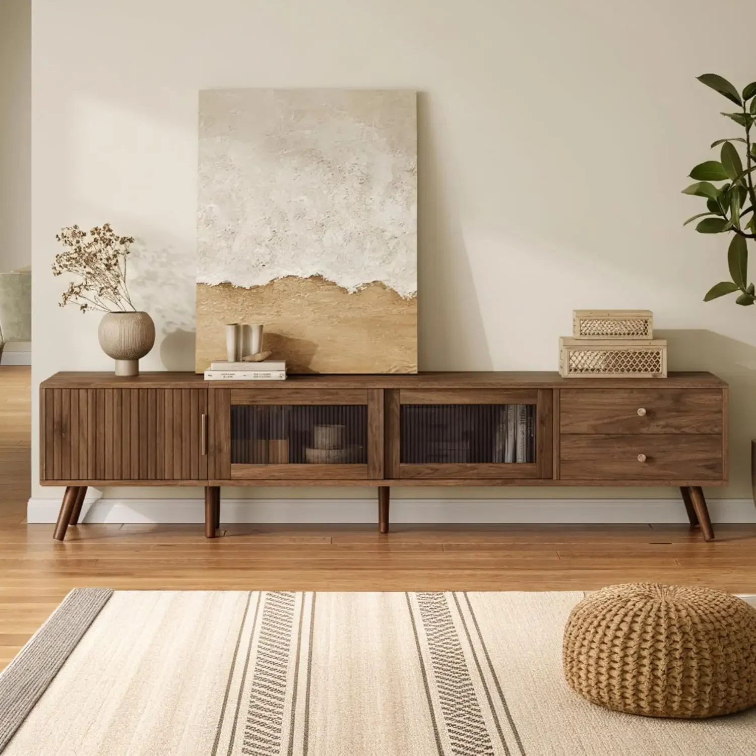Mid Century Modern Entertainment Center For 85 Inch Tv 76 Inch Media Console With Fluted Doors Sliding Glass Panels Two Drawers