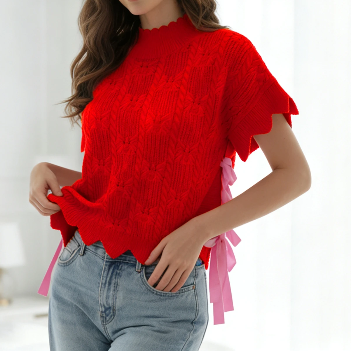 Damen-Strickweste mit kurzen Ärmeln und Spitze, ärmelloser Rollkragenpullover zum Binden, einfarbig, lockerer Herbstpullover für den Alltag