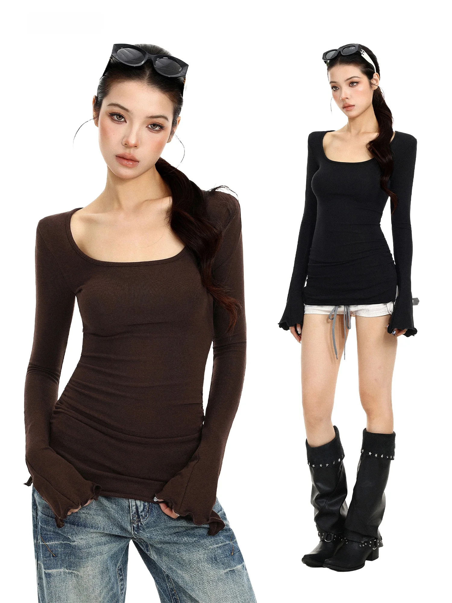 Slim Fit Long Sleeve U-Neck T-Shirt Women's Autumn Waist Cinching Pleated Slimming Sexy Girl Elastic Base Top Biggold Pure De...