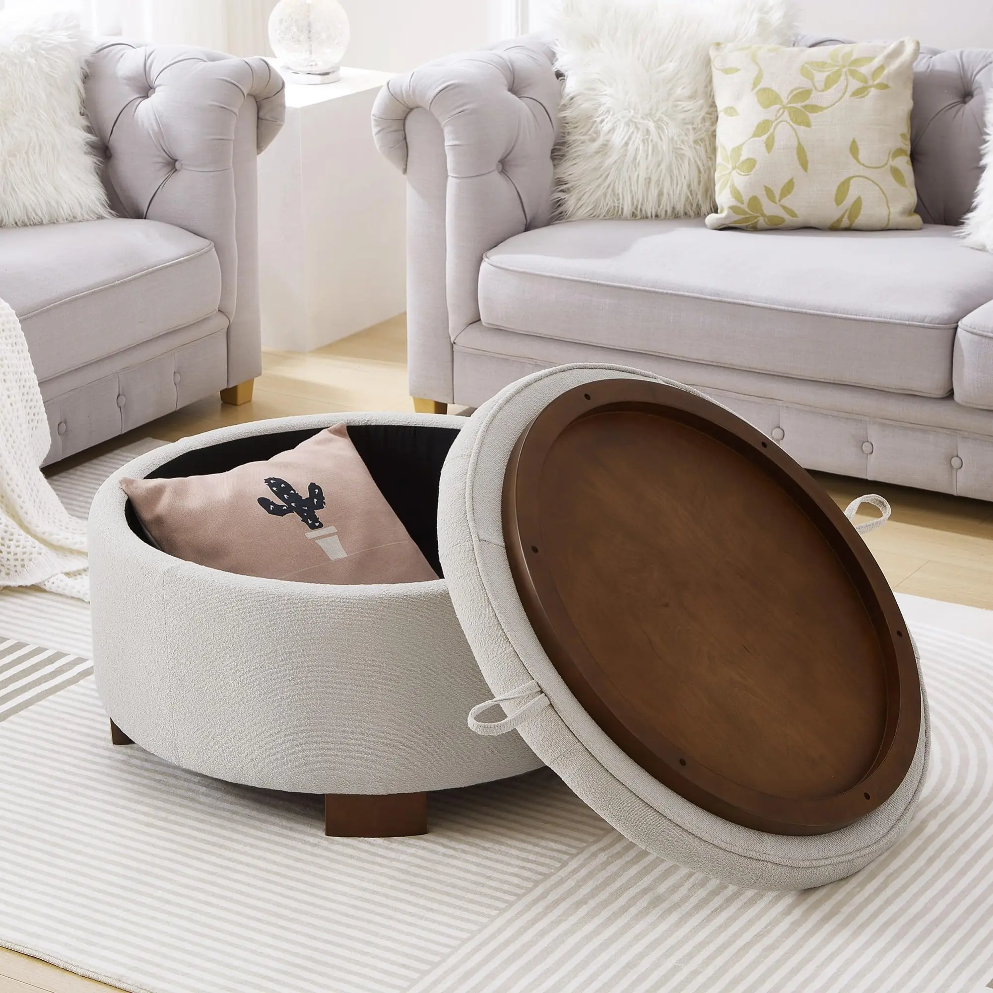 Round Storage Ottoman Reversible Lid Boucle Upholstered Footstool Hidden Compartment Wooden Legs Flip Tray Seat Side