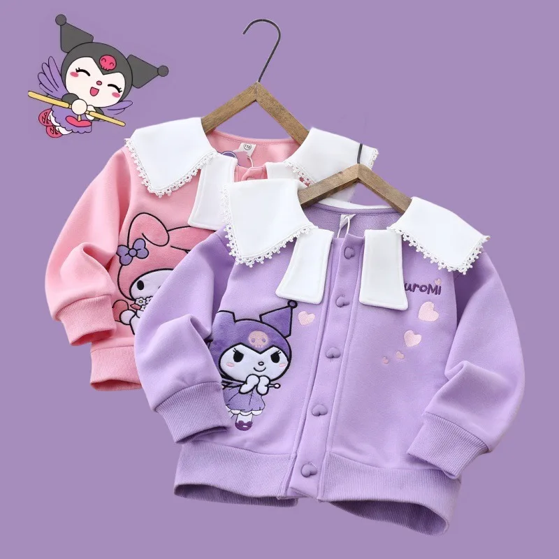 

Winter Childrens Sanrios Anime Kawaii Kuromi My Melody Warm Cartoon Loose Lace Collar Plush Girls Cardigan Coat Holiday Gift