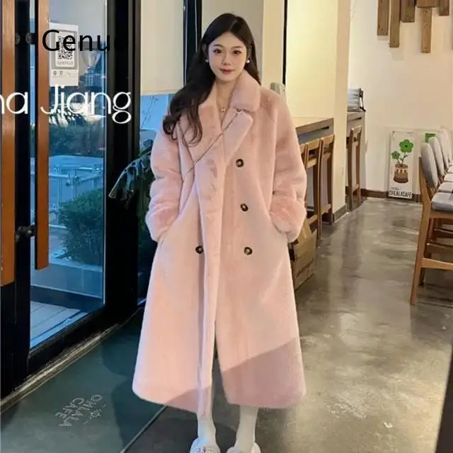 2026 Women Thickened Suit Collar Faux Mink Fur Long Coat Warm Soft Fluffy Overcoat Autumn Winter Outerwear