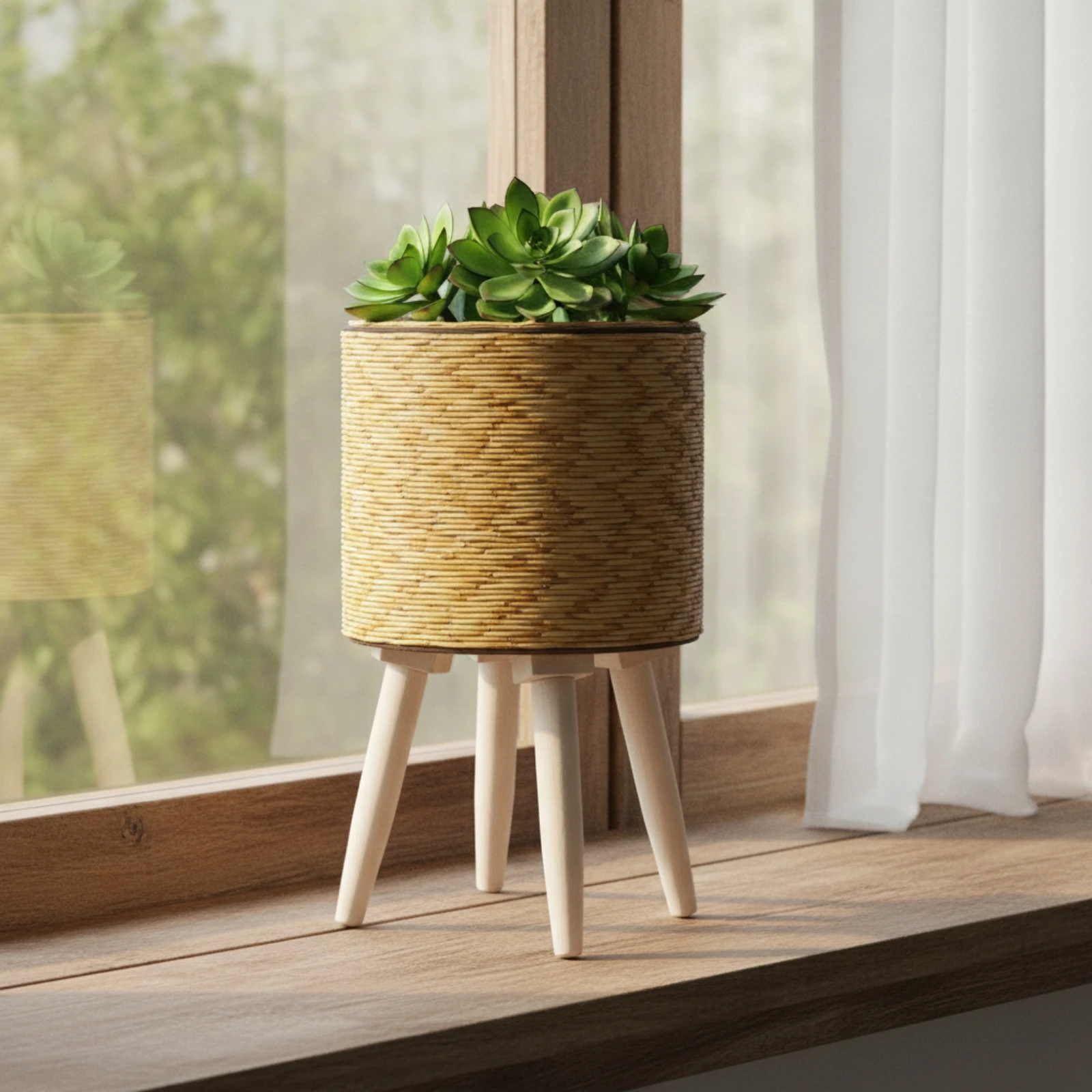 Tabletop Planter Woven Planter with Wooden Legs Plant Stand with Wooden Legs Compact Lightweight for Minimalists, Desk, Office