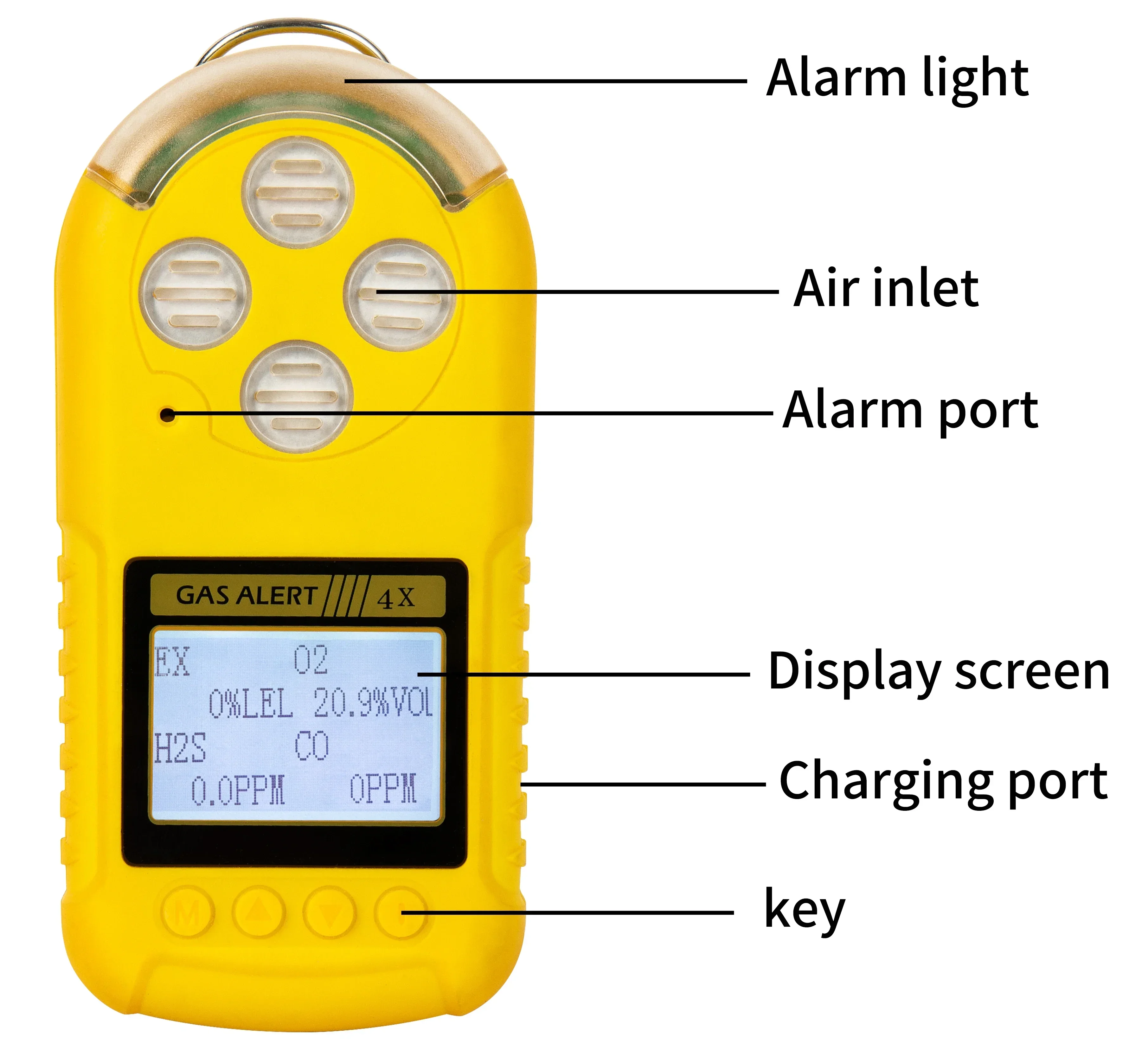 DUOTESI Tragbarer 4-in-1-Multigasdetektor O2 CO H2S Ex Methan-Gaserkennungsalarm, tragbarer Gasdetektor