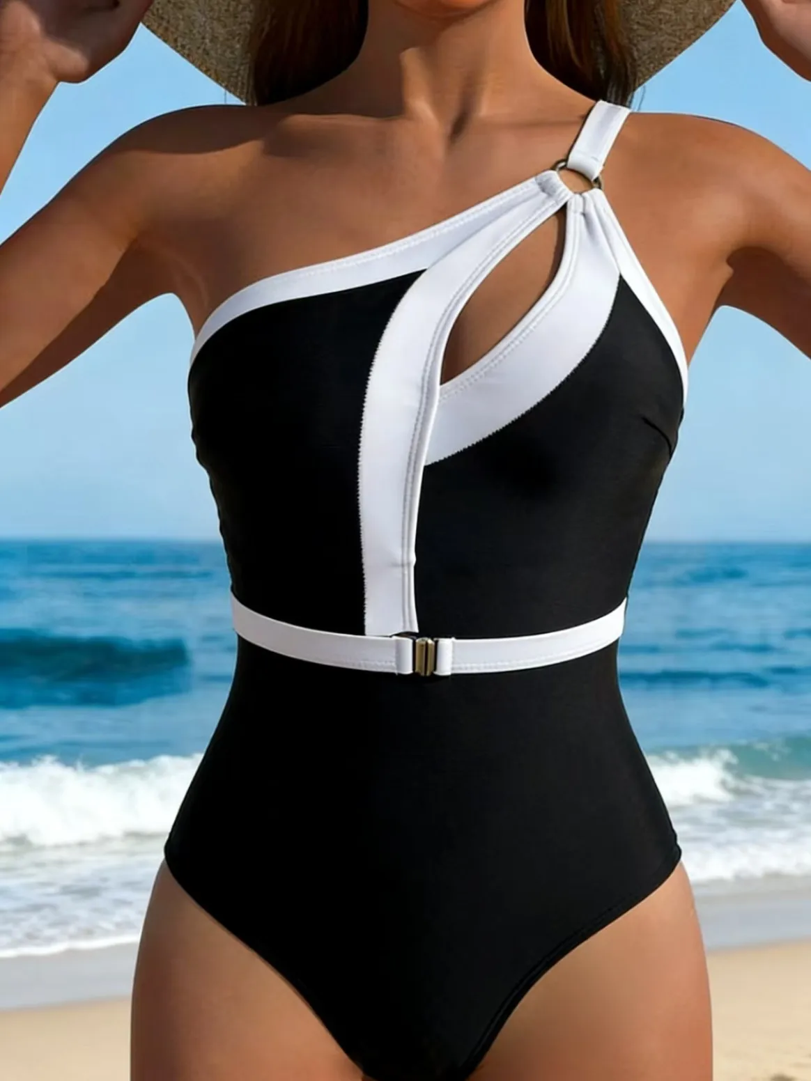 2026 One Shoulder Cut Out One Piece Swimsuit Women White Color Block Tummy Control Push Up Sexy Swimwear Beach Vacation Outfits