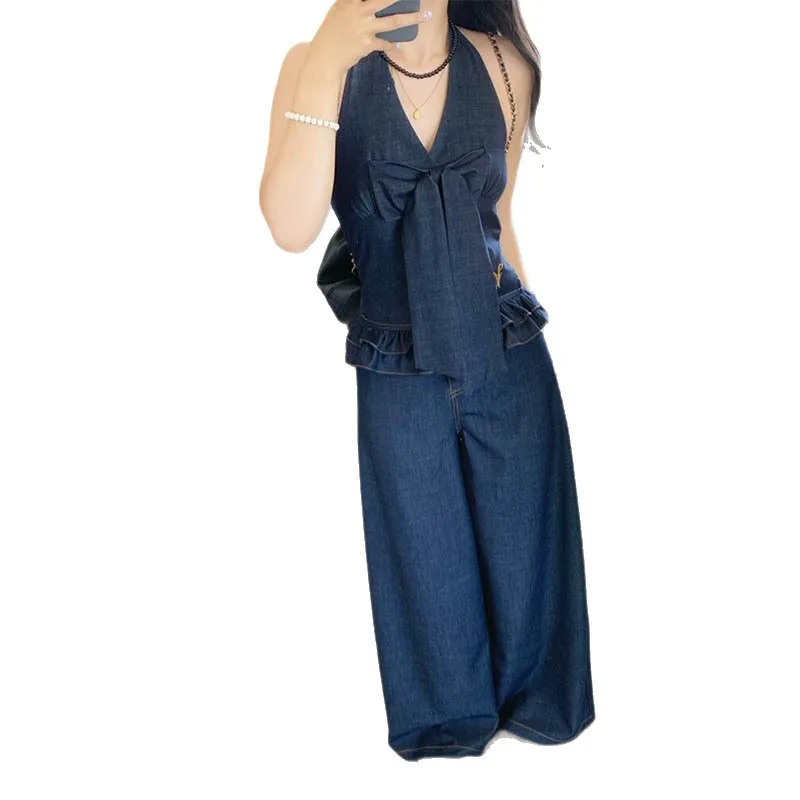 Vintage Y2K Dark Blue Denim 2-piece Set Halter Neck Bow Detail Crop Top Flare Wide Leg Pants French Sweet Edgy Streetwear Outfit