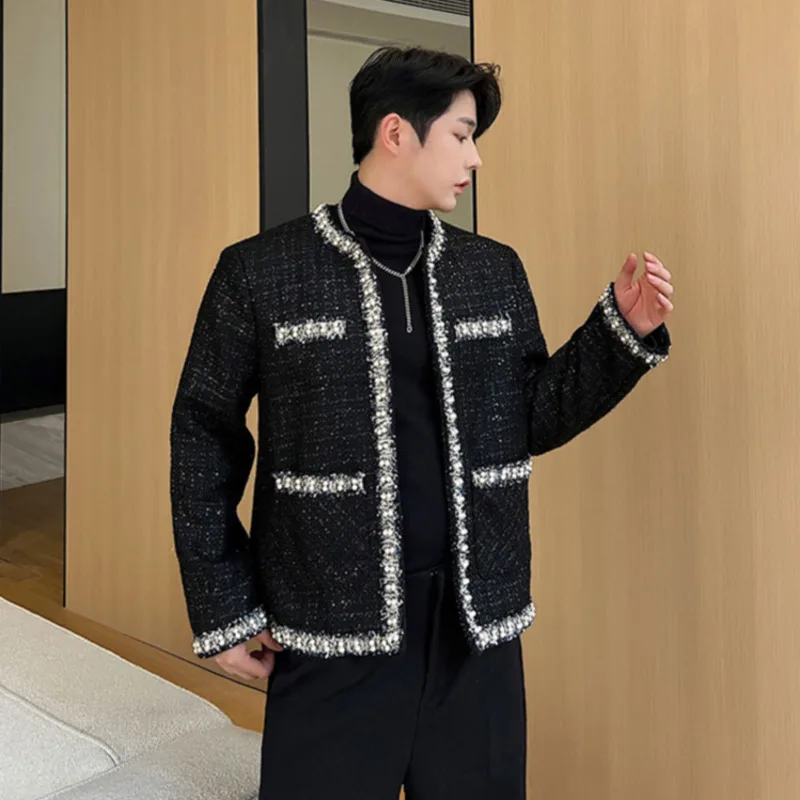 SYUHGFA Korean Style Luxury Jackets Men\'s Autumn Trend Weave Outerwear Personality Collarless Pearl Ribbon Niche Design Coat