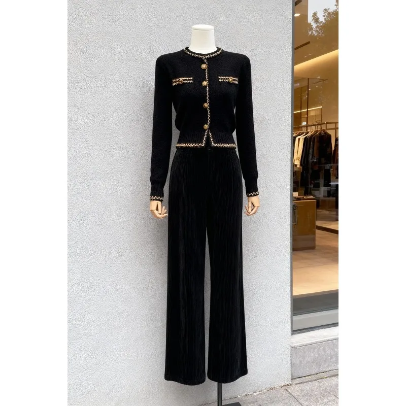 Rich Family Daughter Fall Winter Small Fragrance Age-reducing Temperament Red Knitted Sweater Corduroy Wide-leg Pants Suit Women