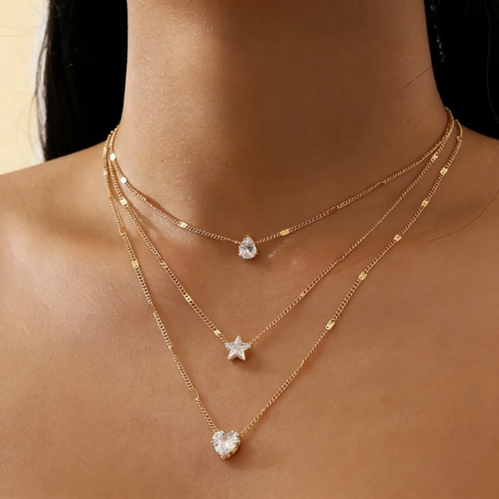 1Pc Three-Layered Water Drop, Heart, and Star Zircon Necklace, Light Luxury Style with a Layered Look, Enhances the Neck Line, Suitable for Workplace Commuting, Dating, Going Out, Parties, Valentine's Day Gifts, Birthday Gifts, Anniversary Gifts, Niche High-End Versatile Accessory