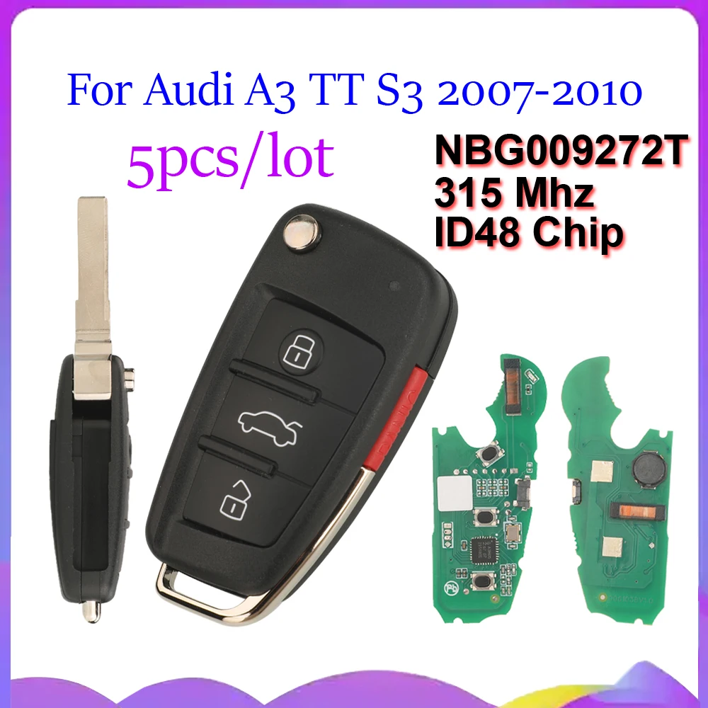 Jingyuqin 5pcs 4 Buttons ID48 Chip 8P0837220G 8P0837220E 315MHz Flip Folding Car Remote Key Fob For Audi A3 TT S3 2007-2010