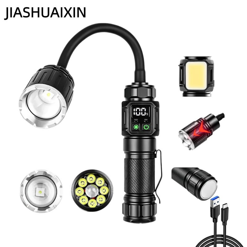 New multi-angle bendable hose magnetic work light USB rechargeable digital display zoom bright flashlight