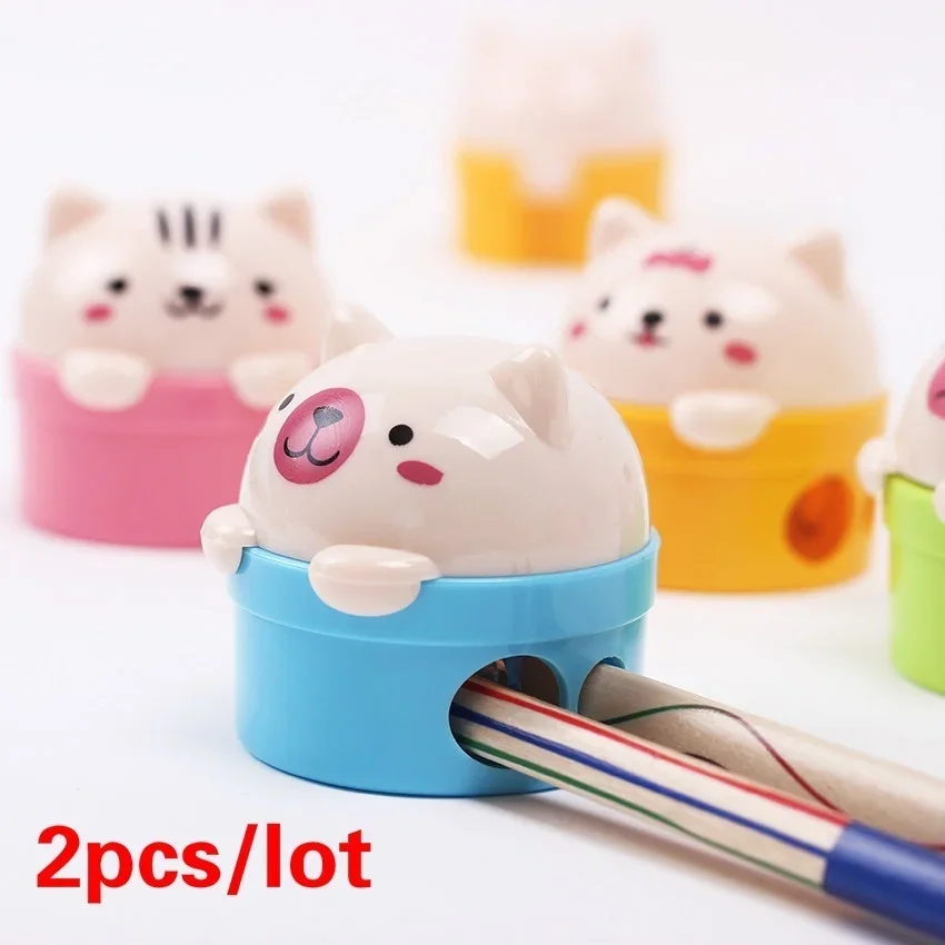 2PC Stationery Double Holes Pencil Sharpener Cartoon Cat and Bear Plastic   for Kids Student School Color Set