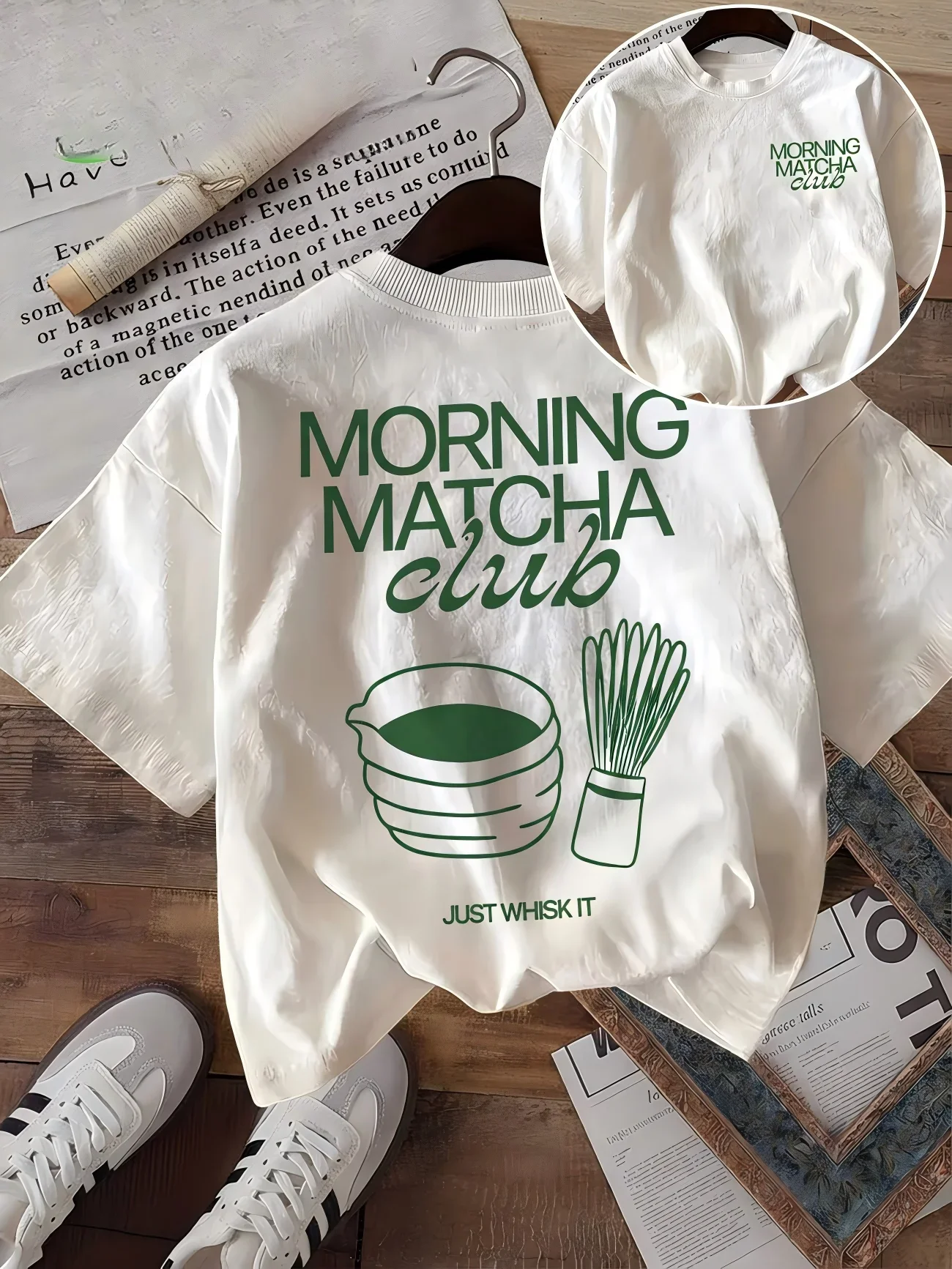 Retro Morning Matcha Club Print T-Shirt Women Graphic Tee Harajuku Streetwear Short Sleeve Loose Summer Aesthetic Casual Top