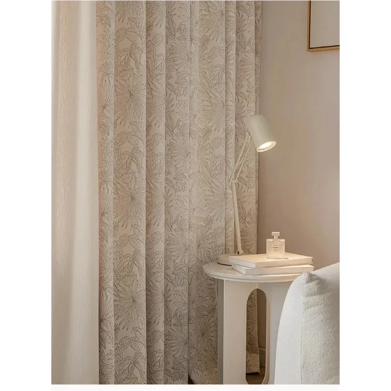 French Relief Leaf Jacquard Cream Beige Thickened Chenille Curtains for Living Room Bedroom French Window Balcony Window