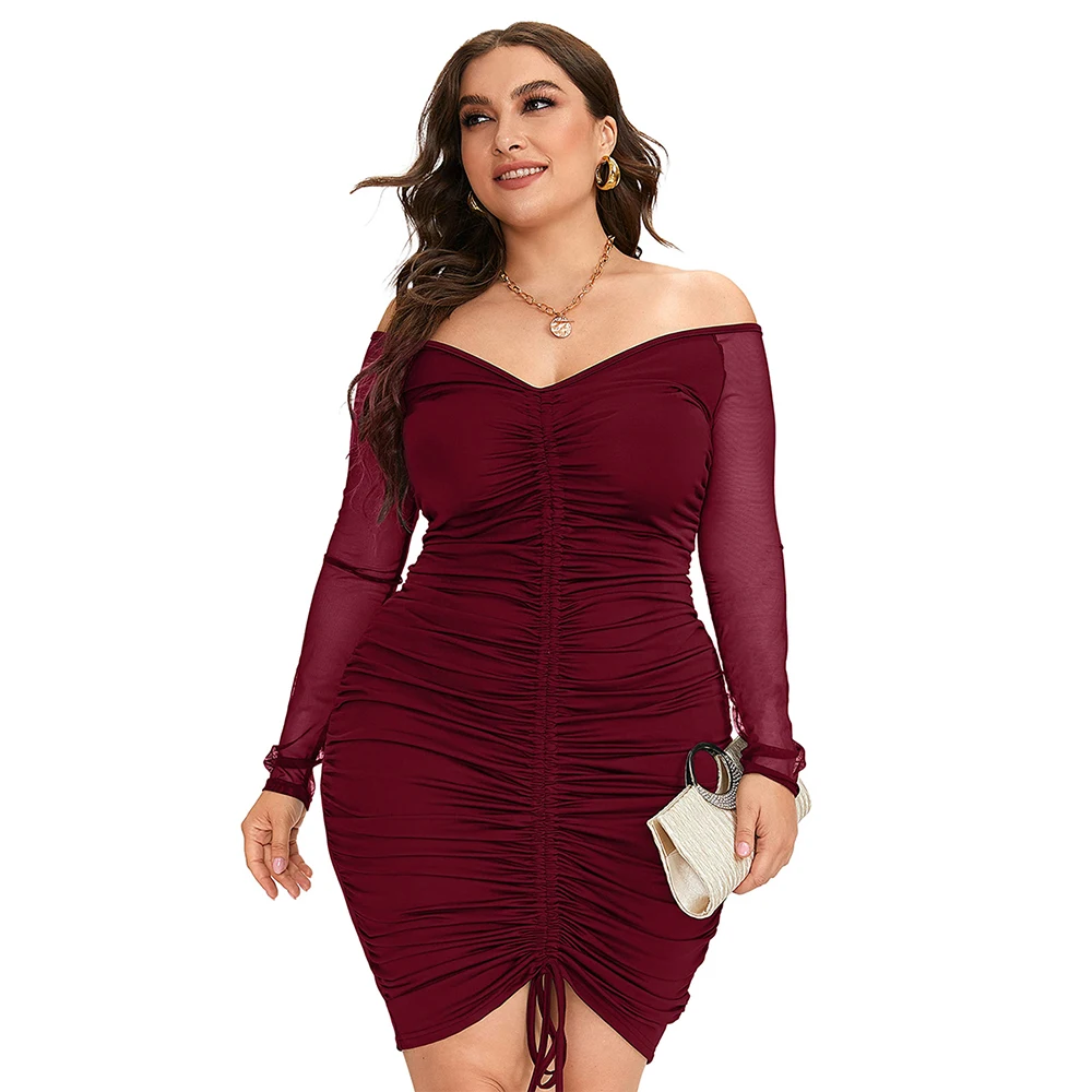 Women\'s Plus Size Sexy Off Shoulder Ruffled Bodycon Mesh Long Sleeve Dress