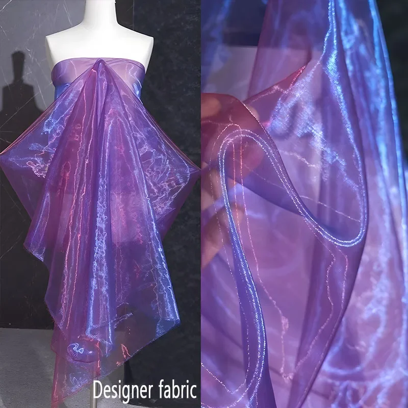 Shiny Bicolor Gradient Red Organza Designer Fabric for Decoration Dresses Skirts Sewing Transparent Tulle Textile Purple Blue