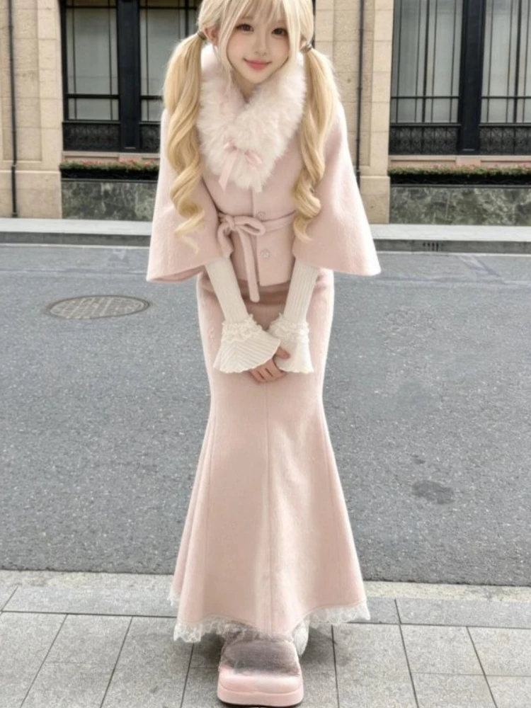 

Winter Sweet Kawaii Lolita Elegant 2 Piece Set Women Faxu Fur Retro Coat + Casaul Midi Skirt Female Chic Korean Popular Clothes