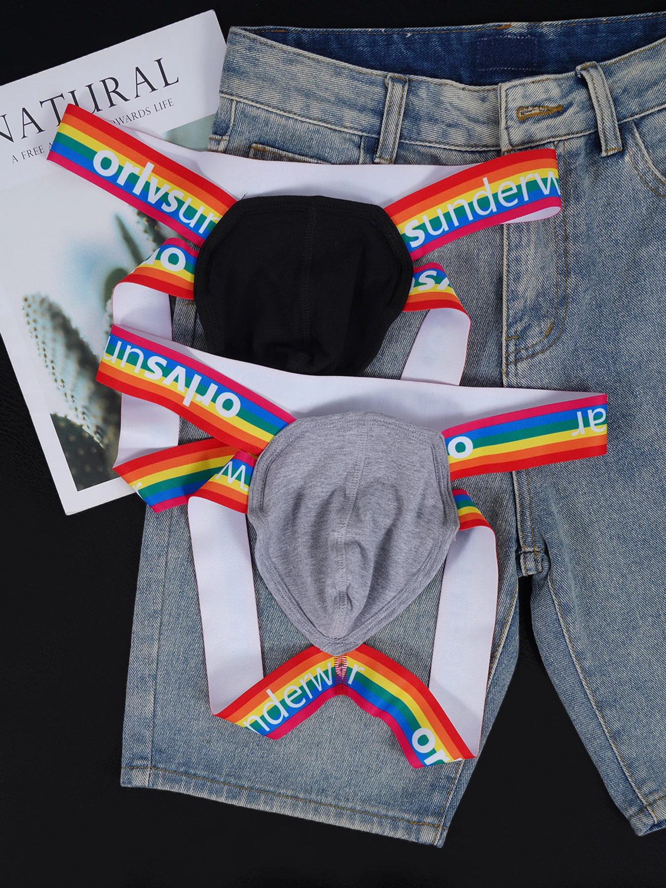 2 PCS Men's ORLVS Rainbow Waistband Jockstraps U Convex Pouch Cotton Breathable Sexy Sport Underwear
