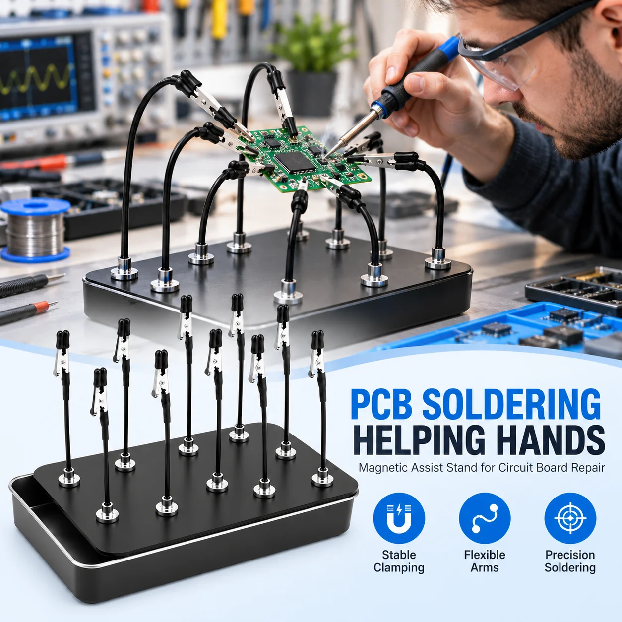 Soldering Third Hand with Strong Magnetic Base, Flexible Arms PCB Holder for Electronics Repair – Alligator Clip Welding Tool