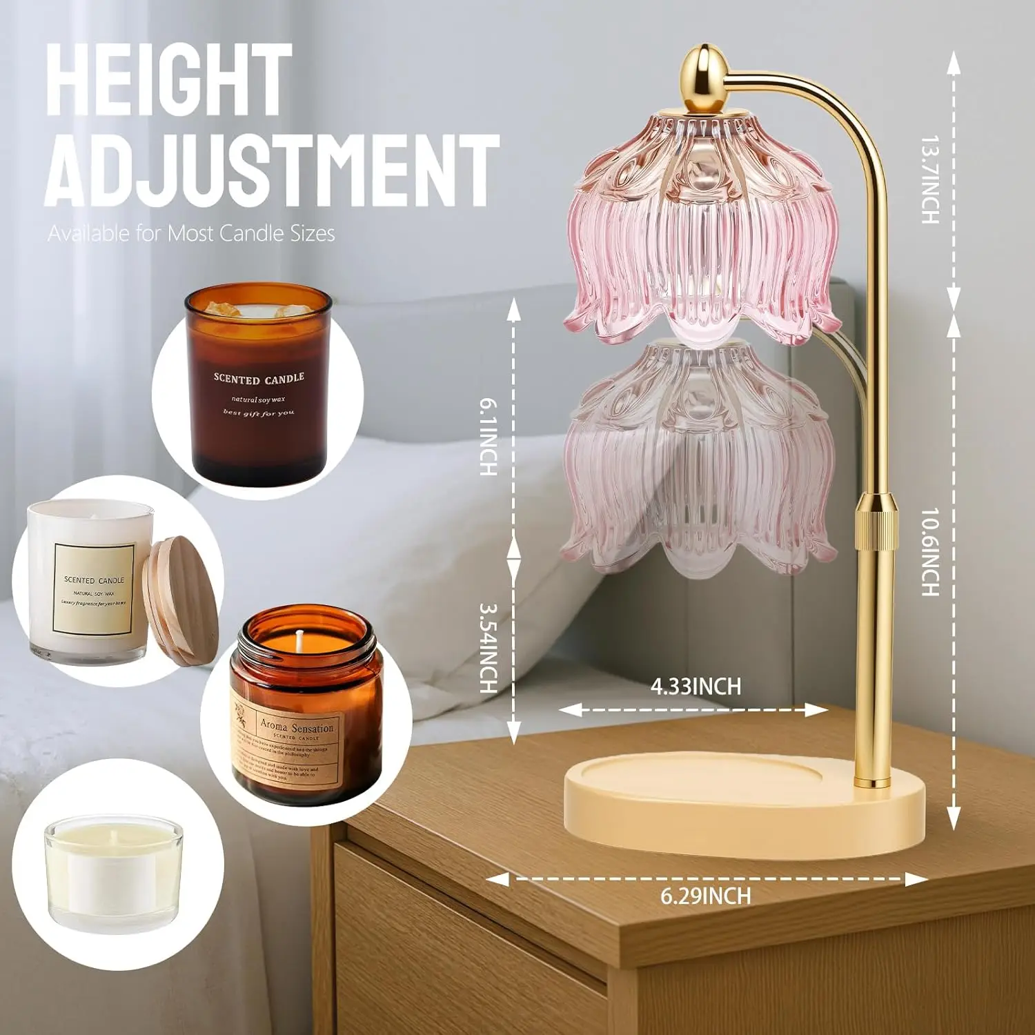 Lâmpada aquecedora de velas elétrica com temporizador e dimmer, altura ajustável, presente seguro sem chama para decoração de casa