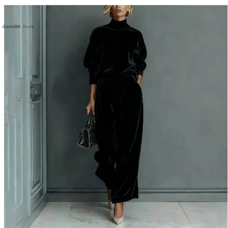Velvet Long-Sleeved High-Neck Wide-Leg Pants Autumn and Winter Style Women Casual Warm Sportswear Set