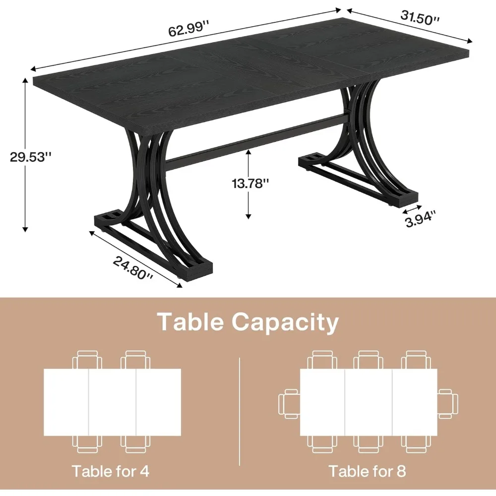 Modern 63" Rectangular Dining Table, Seats 4-6, Stylish Metal Legs, Large Dinner Table for Kitchen
