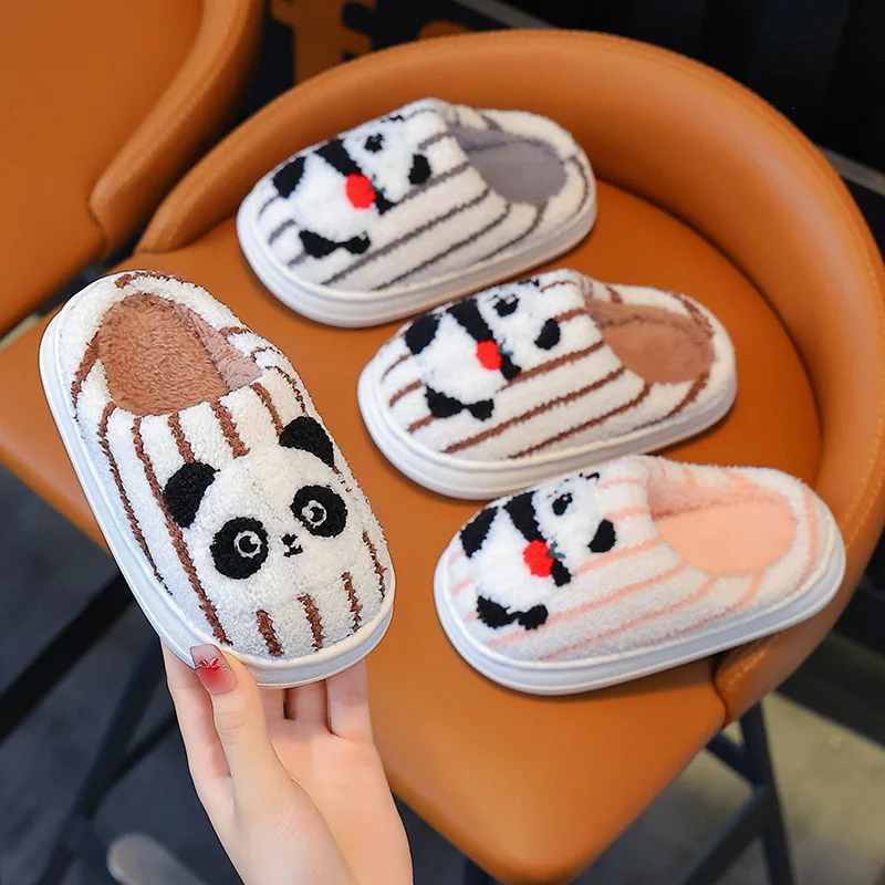 Cute Panda Striped Children Slippers Winter Cartoon Plush Warm Boys Girls Indoor Slippers Soft Bottom Kids Home Shoes