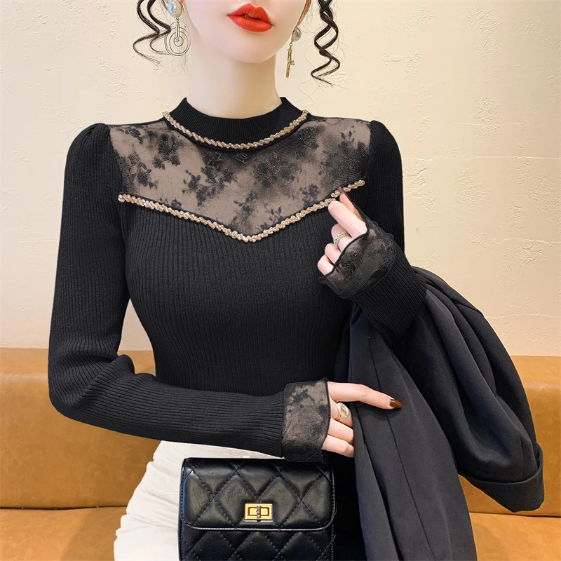 2025, nowość, europejski, ubrania, dzianina, sweter, kobiety, szyk, seksowny, dekolt w szpic, patchwork, koronka, koraliki, długi rękaw, koszula z dołu, topy, 412144