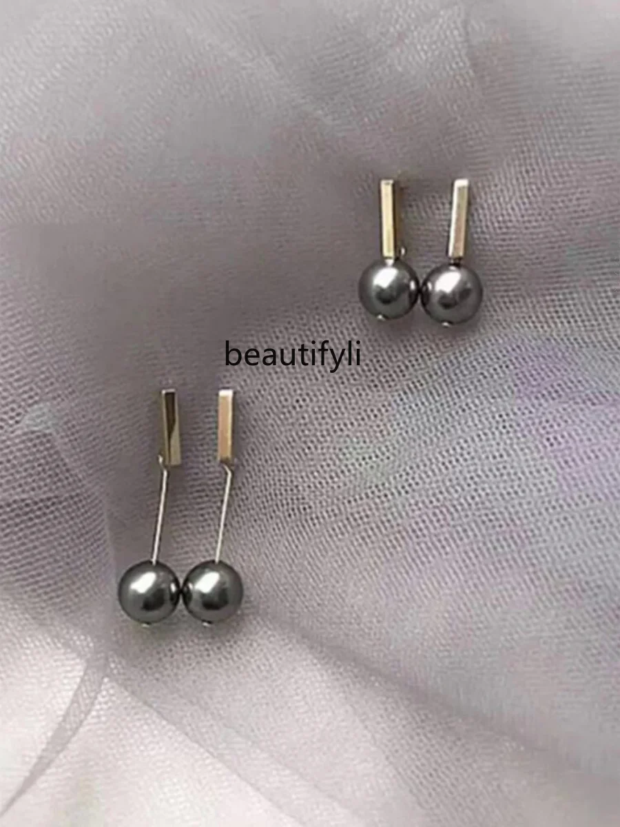 S925 sterling silver dark gray black pearl long thin earrings without pierced earclips